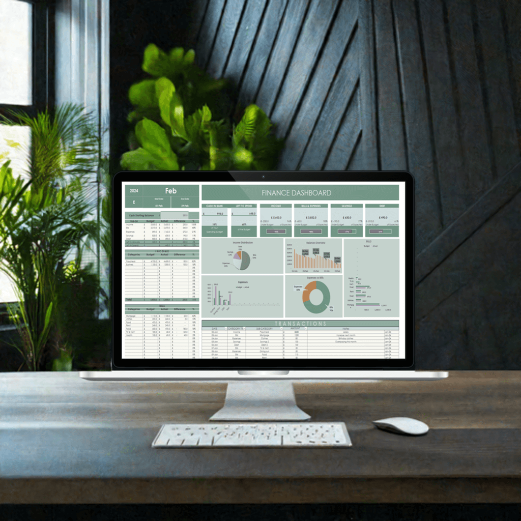 Ultimate Monthly Expense Tracker and Budget Planner in Google Sheets displayed on a computer, showcasing a finance dashboard.
