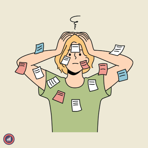 overwhelmed person holding his head with post-it notes all over him