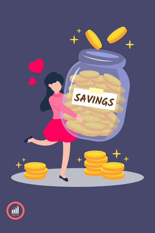 a cartoon illustration of a woman carrying a jar of 'Savings'